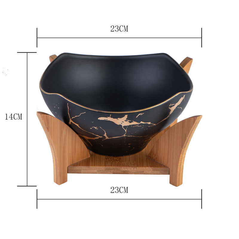 Marbled Ceramic Serving Bowl with Natural Wood Stand