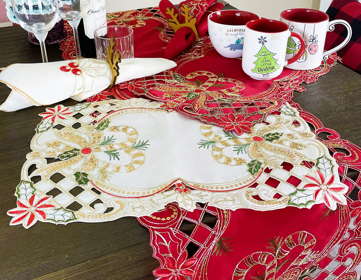 Fennco Styles Christmas Embroidered Holly Cloth Napkins 20" W x 20" L, Set of 4