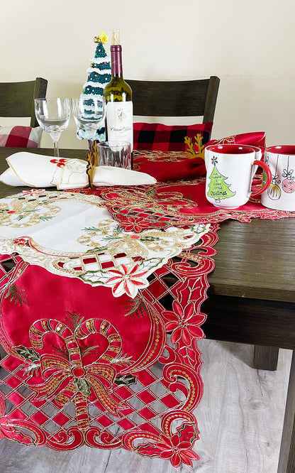 Fennco Styles Christmas Embroidered Holly Cloth Napkins 20" W x 20" L, Set of 4