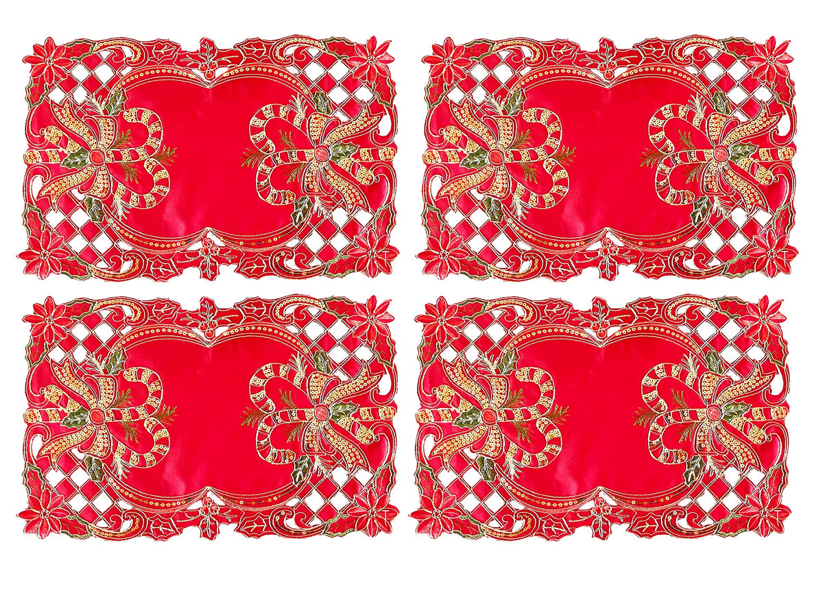 Fennco Styles Christmas Embroidered Holly Cloth Napkins 20" W x 20" L, Set of 4