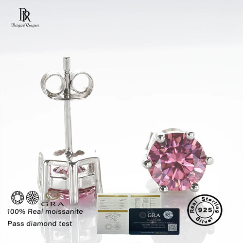 925 Sterling Silver Moissanite Stud Earrings Round VVS1 Pink Yellow Gift