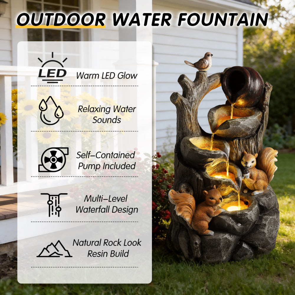 Squirrel Outdoor Water Fountain with LED Lights | Resin Tree Stump & Pouring Jug Waterfall Garden Decor for Patio, Yard & Porch