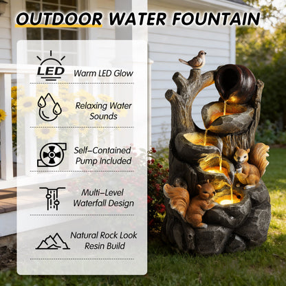 Squirrel Outdoor Water Fountain with LED Lights | Resin Tree Stump & Pouring Jug Waterfall Garden Decor for Patio, Yard & Porch