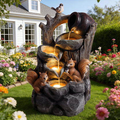 Squirrel Outdoor Water Fountain with LED Lights | Resin Tree Stump & Pouring Jug Waterfall Garden Decor for Patio, Yard & Porch
