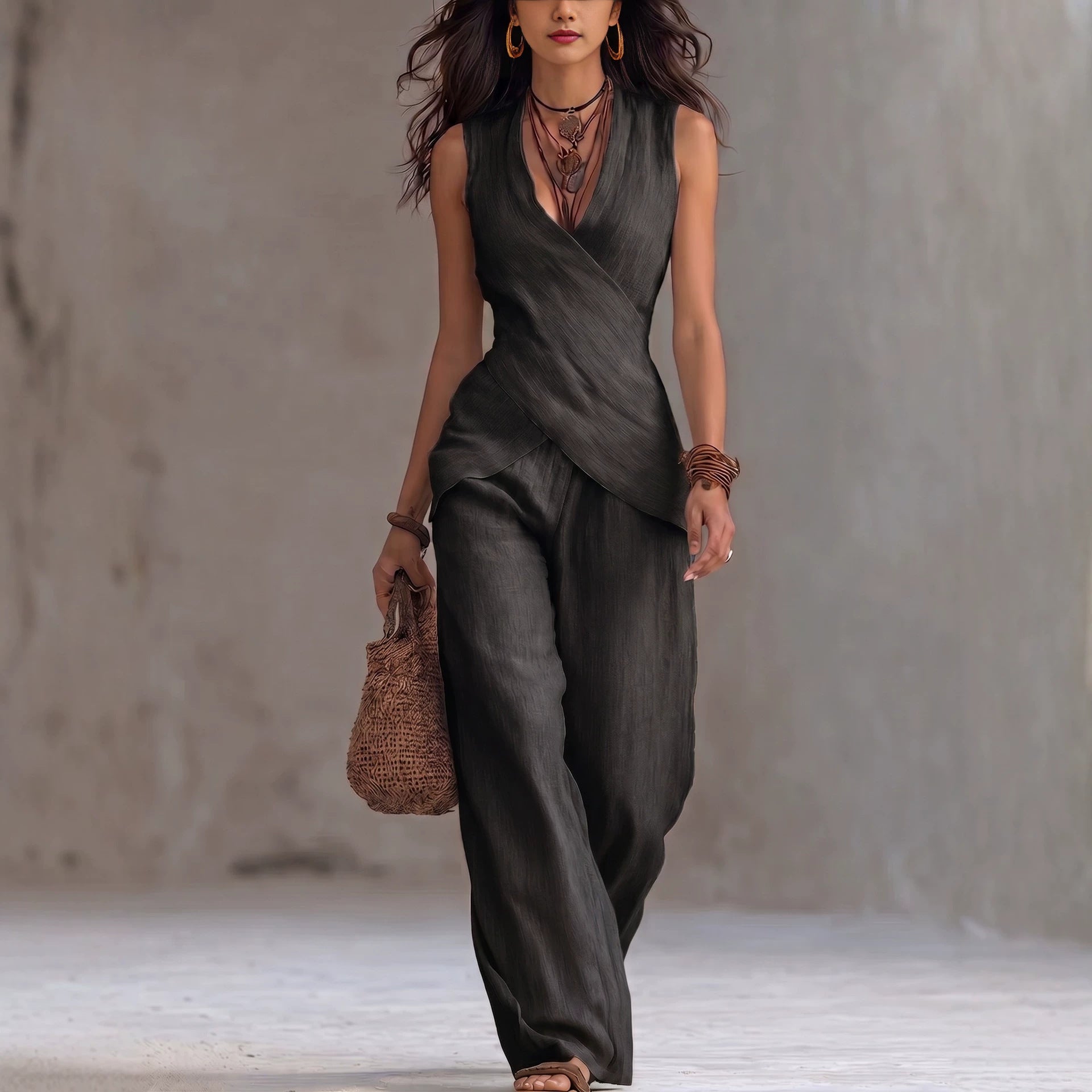 V-Neck Sleeveless Waist-Cinched Top & Wide Leg Pants Two-Piece Set