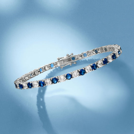 6.00 CTW Created White & Blue Sapphire Tennis Bracelet in 14K Gold Overlay – 7.25”