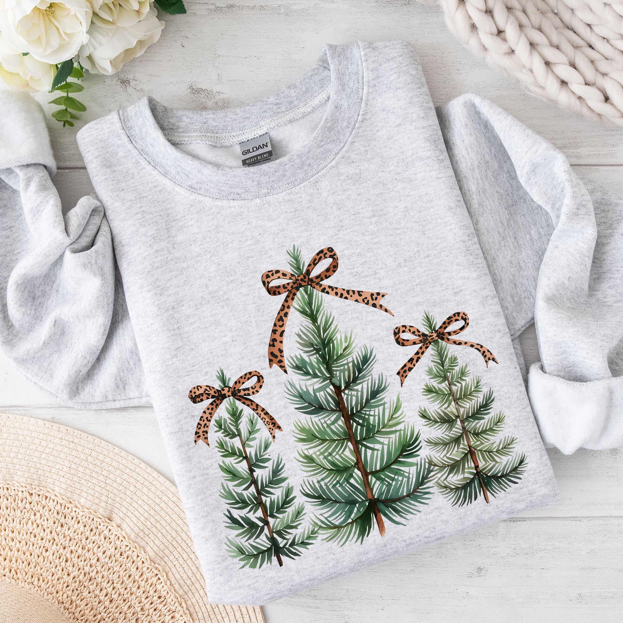 Christmas Trees With Leopard Print Bow Minimalist Santa Snow Xmas Festive Sweatshirt