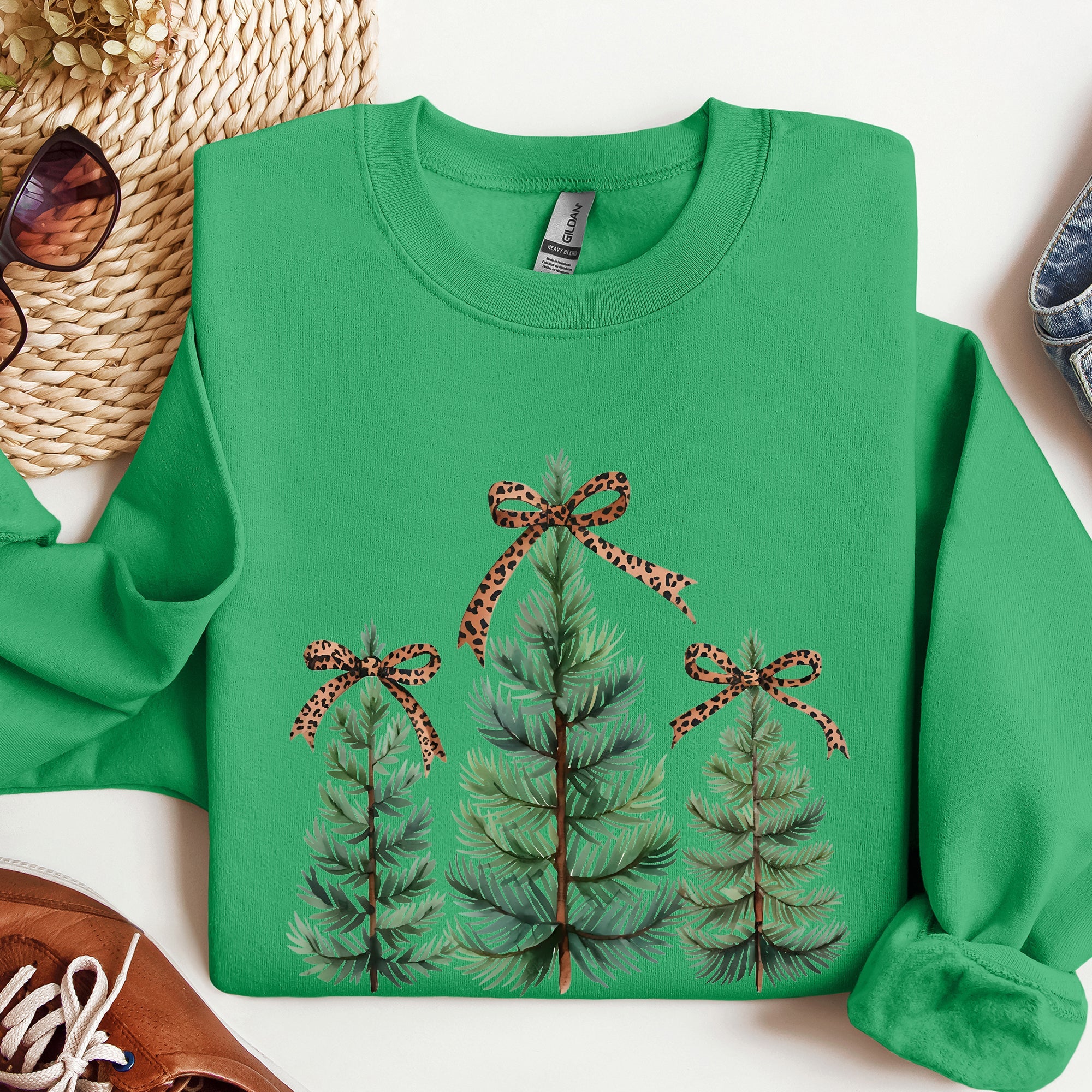 Christmas Trees With Leopard Print Bow Minimalist Santa Snow Xmas Festive Sweatshirt