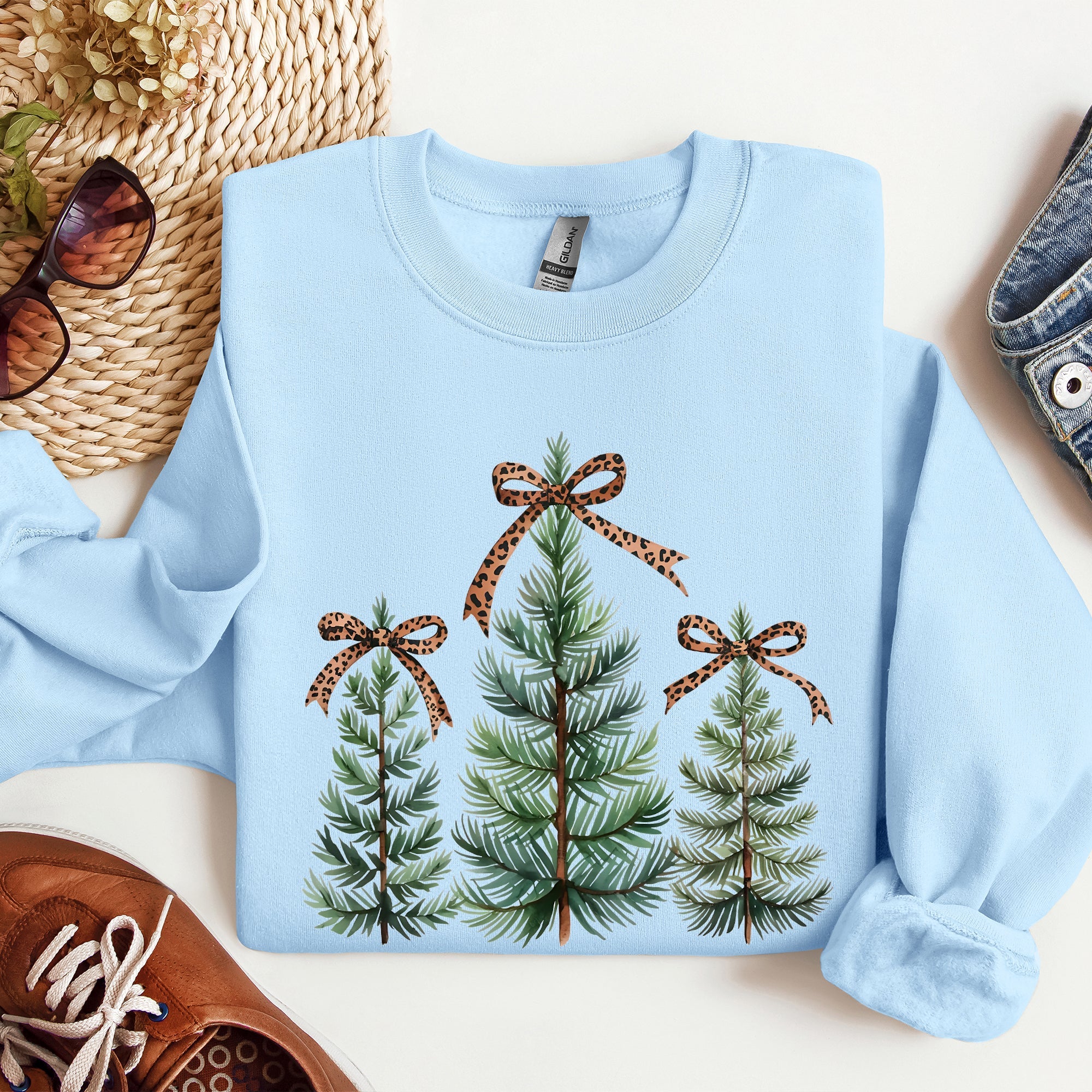 Christmas Trees With Leopard Print Bow Minimalist Santa Snow Xmas Festive Sweatshirt