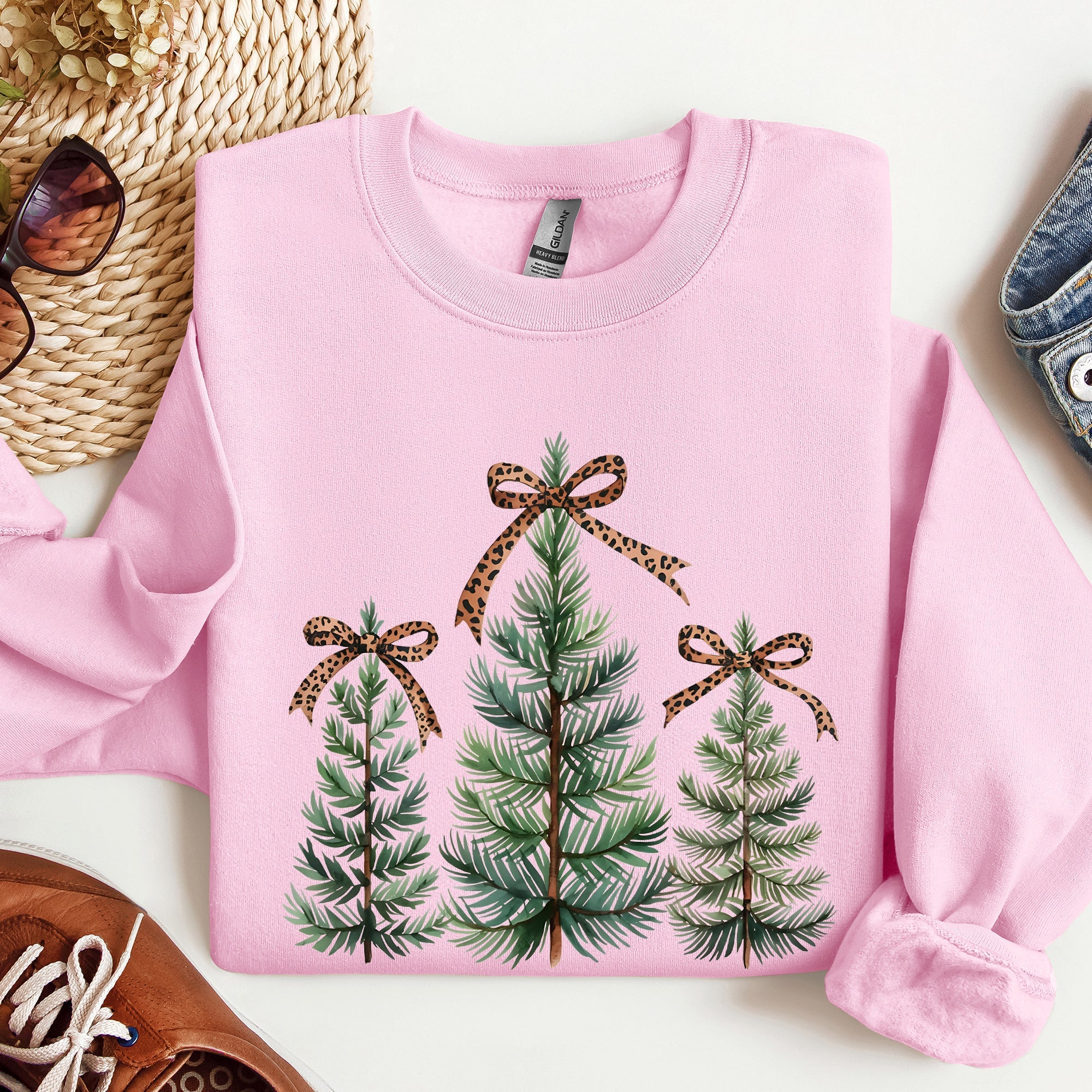Christmas Trees With Leopard Print Bow Minimalist Santa Snow Xmas Festive Sweatshirt