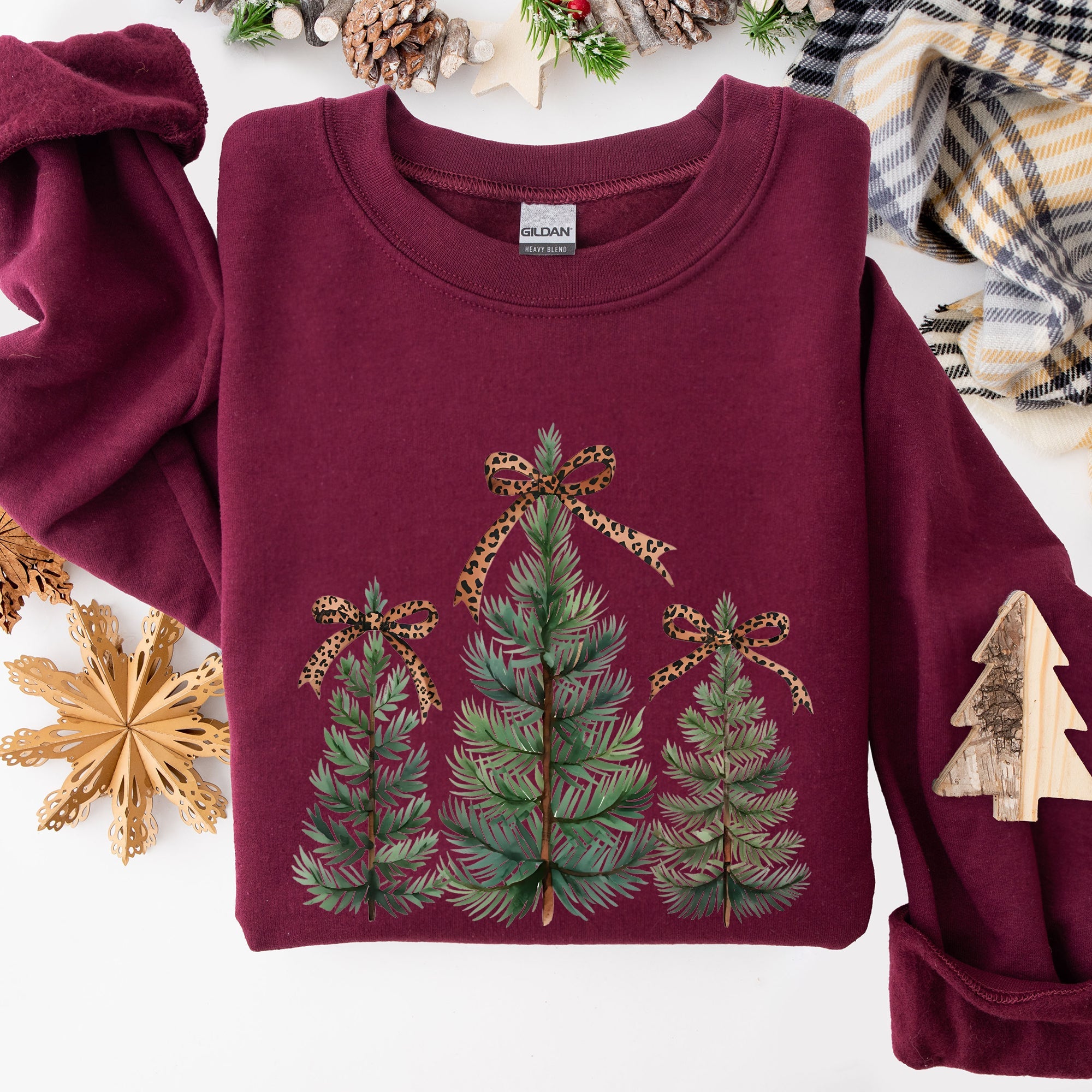 Christmas Trees With Leopard Print Bow Minimalist Santa Snow Xmas Festive Sweatshirt