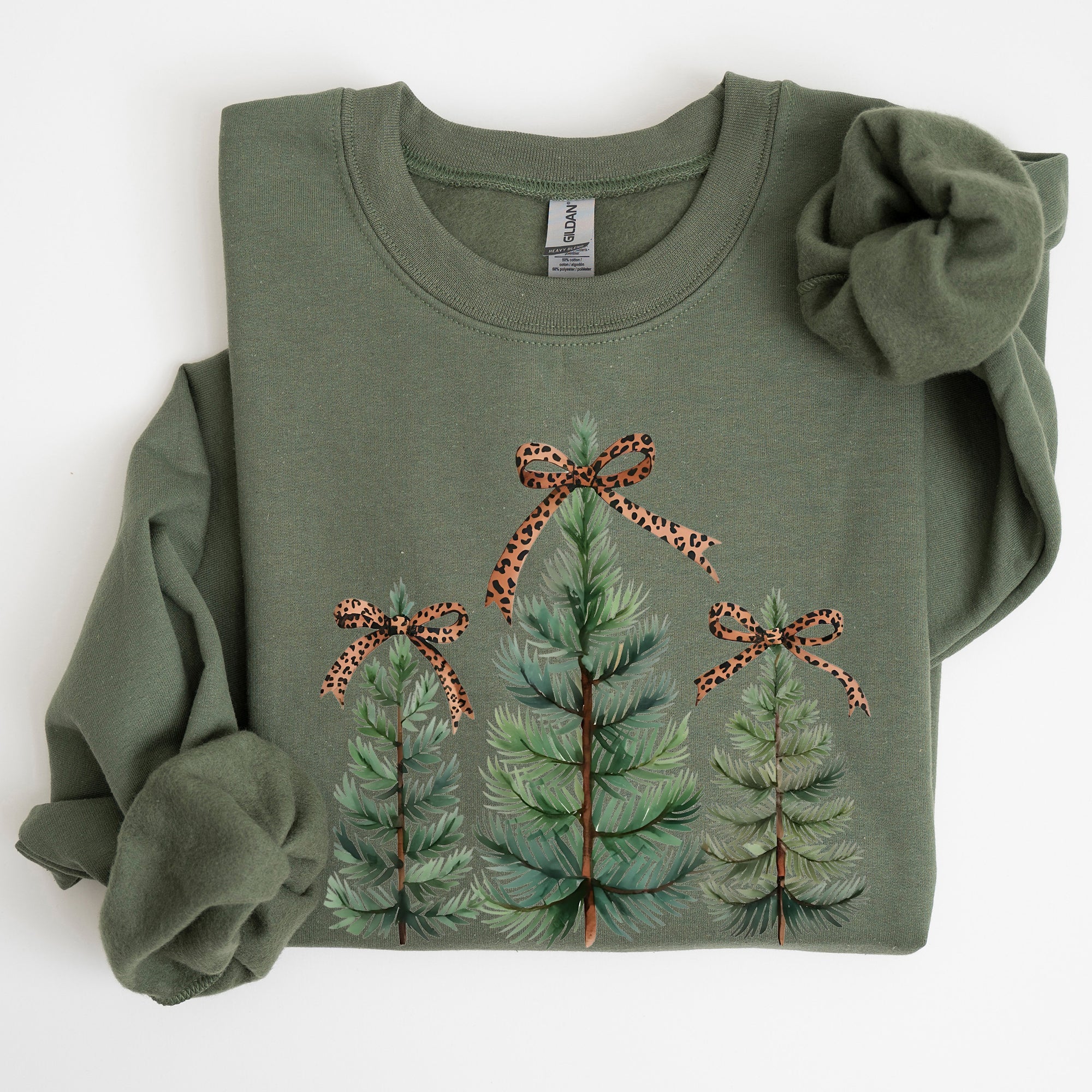 Christmas Trees With Leopard Print Bow Minimalist Santa Snow Xmas Festive Sweatshirt