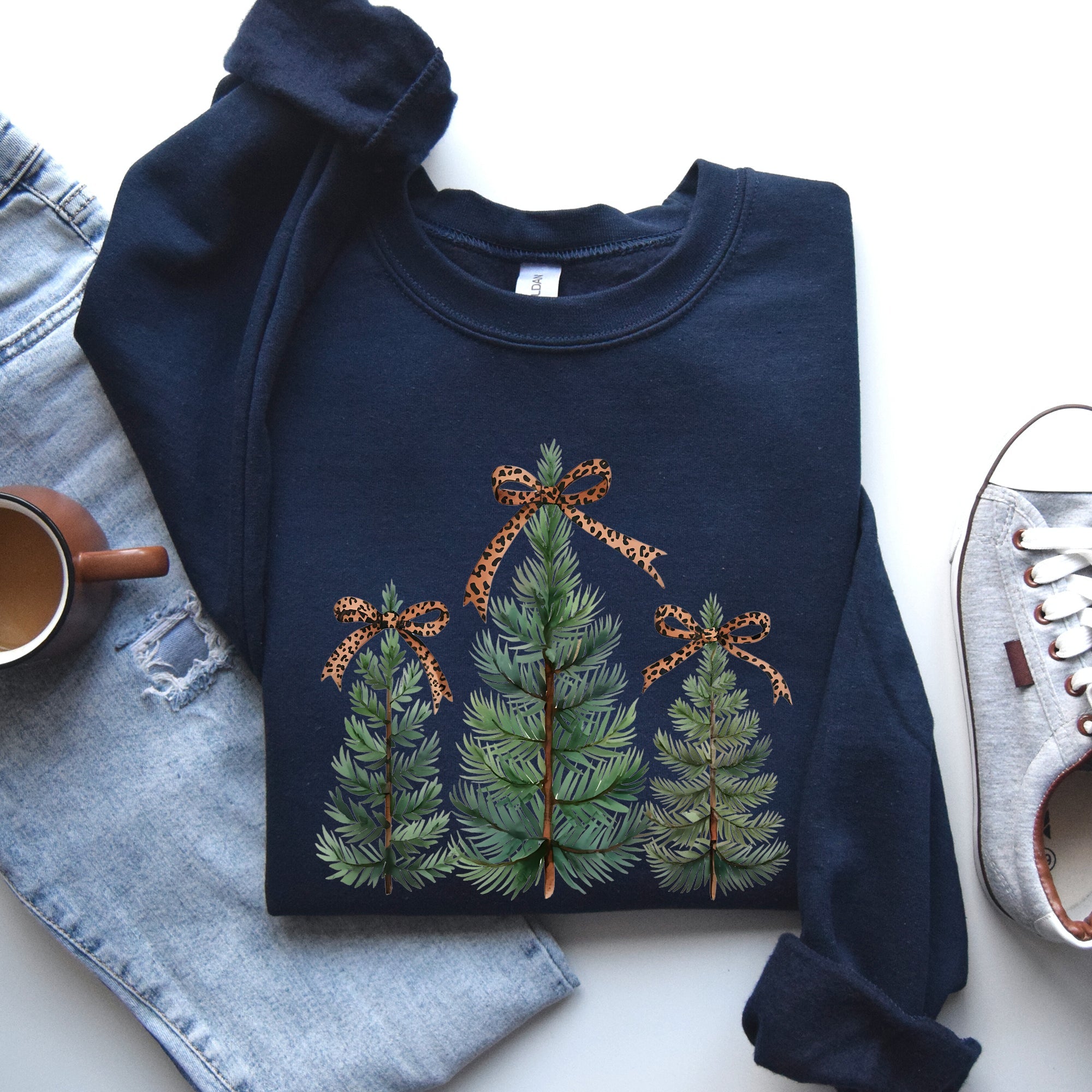 Christmas Trees With Leopard Print Bow Minimalist Santa Snow Xmas Festive Sweatshirt