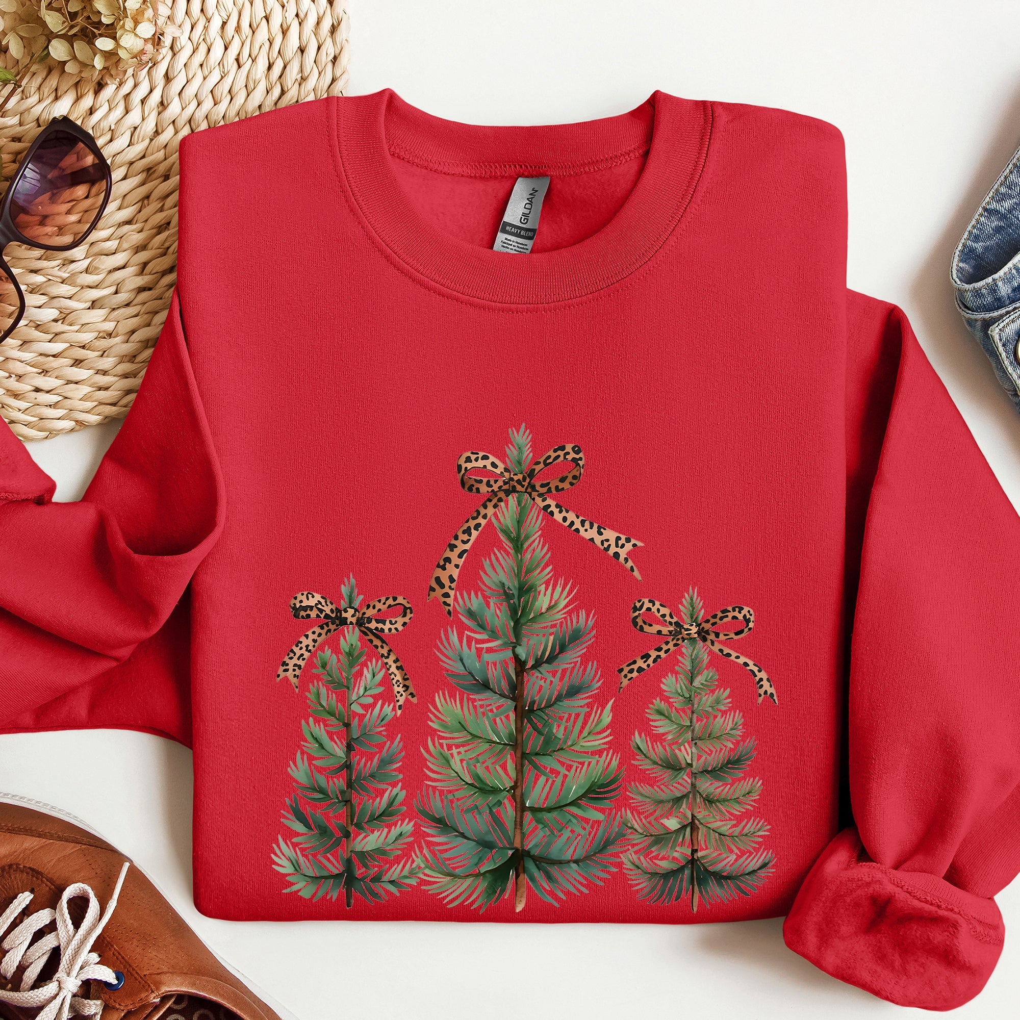 Christmas Trees With Leopard Print Bow Minimalist Santa Snow Xmas Festive Sweatshirt