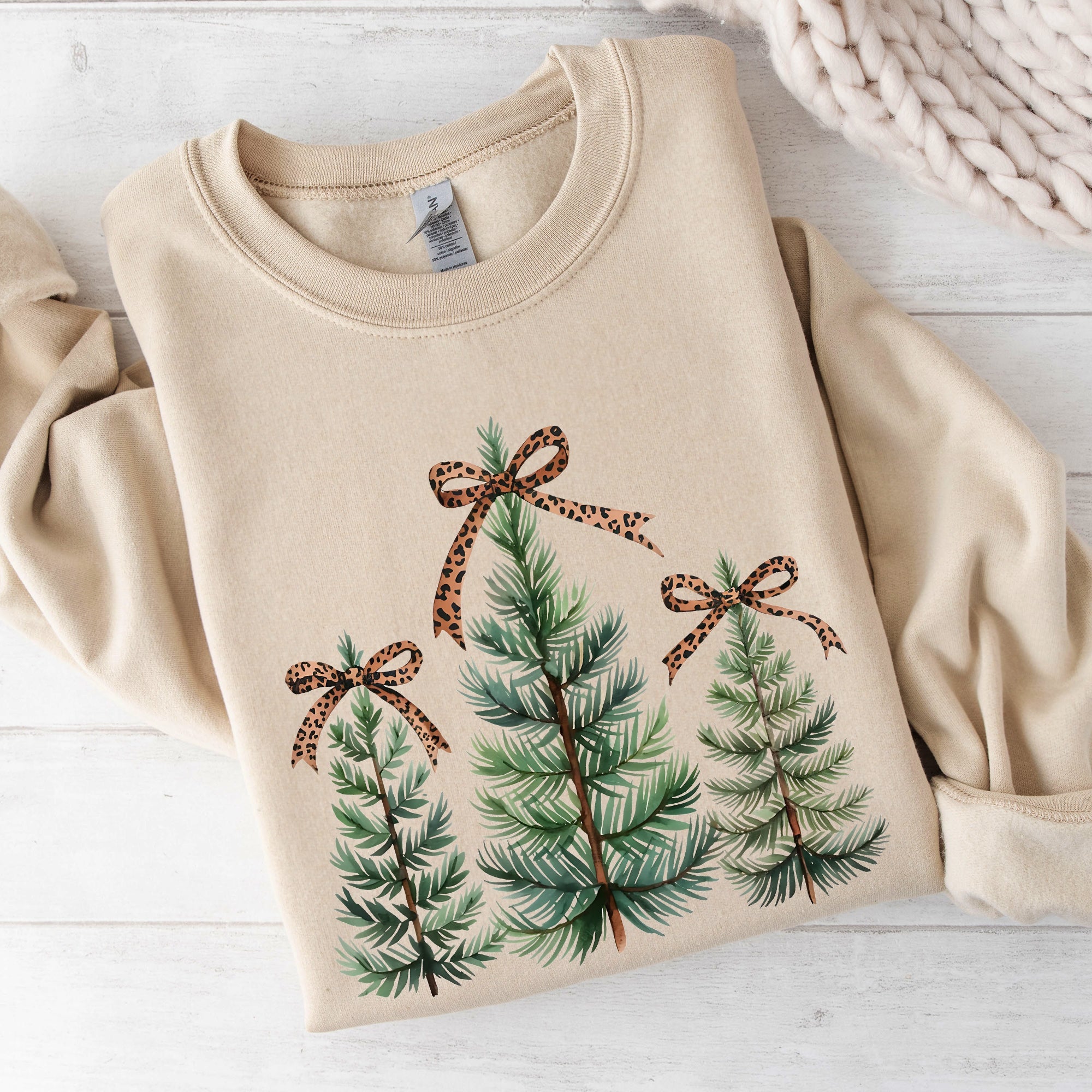 Christmas Trees With Leopard Print Bow Minimalist Santa Snow Xmas Festive Sweatshirt