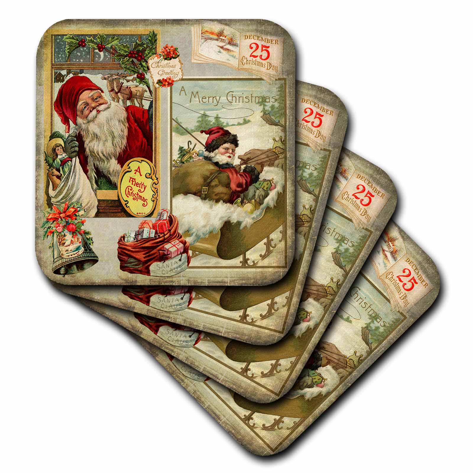 3dRose Andrea Haase Holiday Illustration - Nostalgic Christmas Collage with Santa and Presents - Coasters