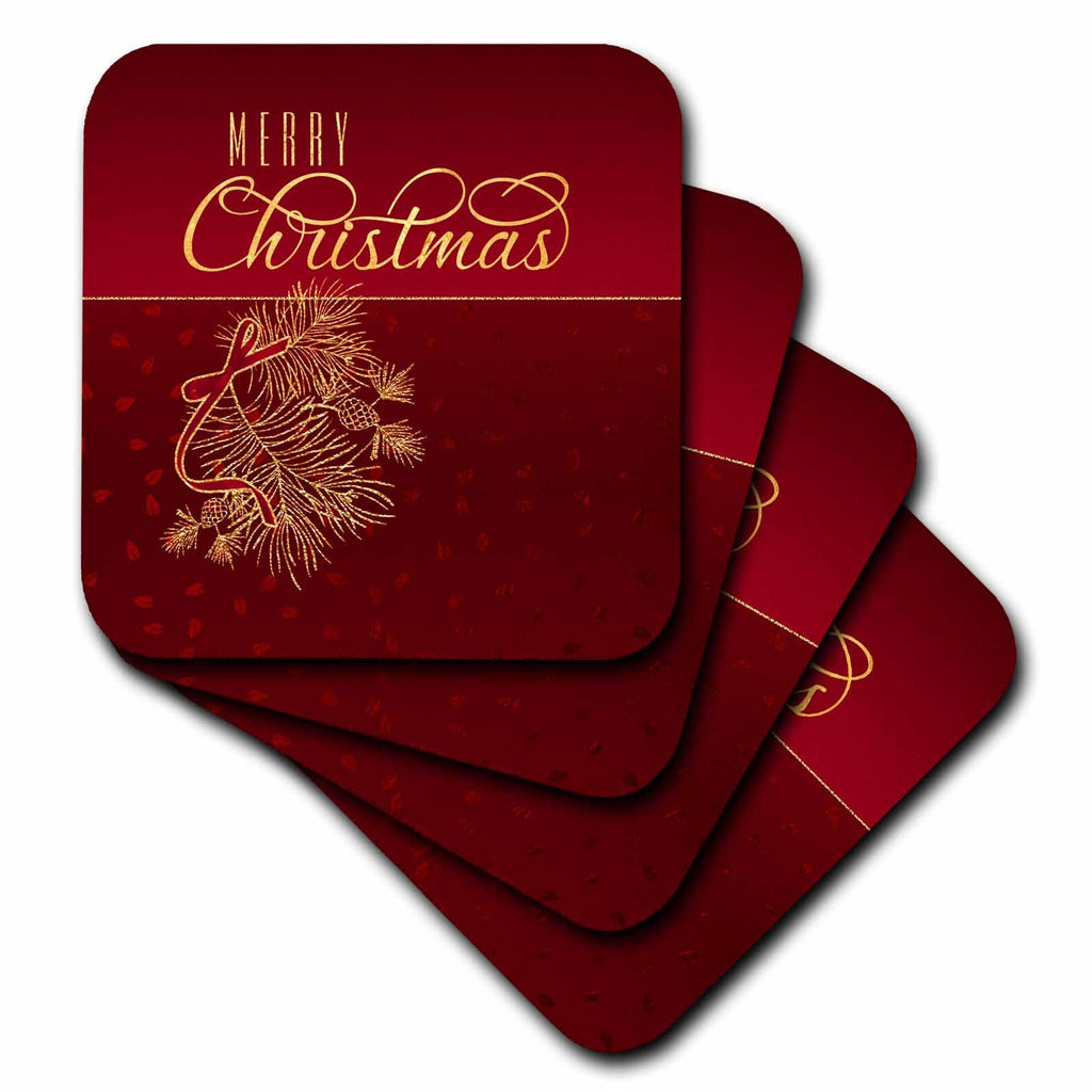 3dRose Merry Christmas Script Text in Elegant Holiday Hues and Pine Branches - Coasters (cst_339392)