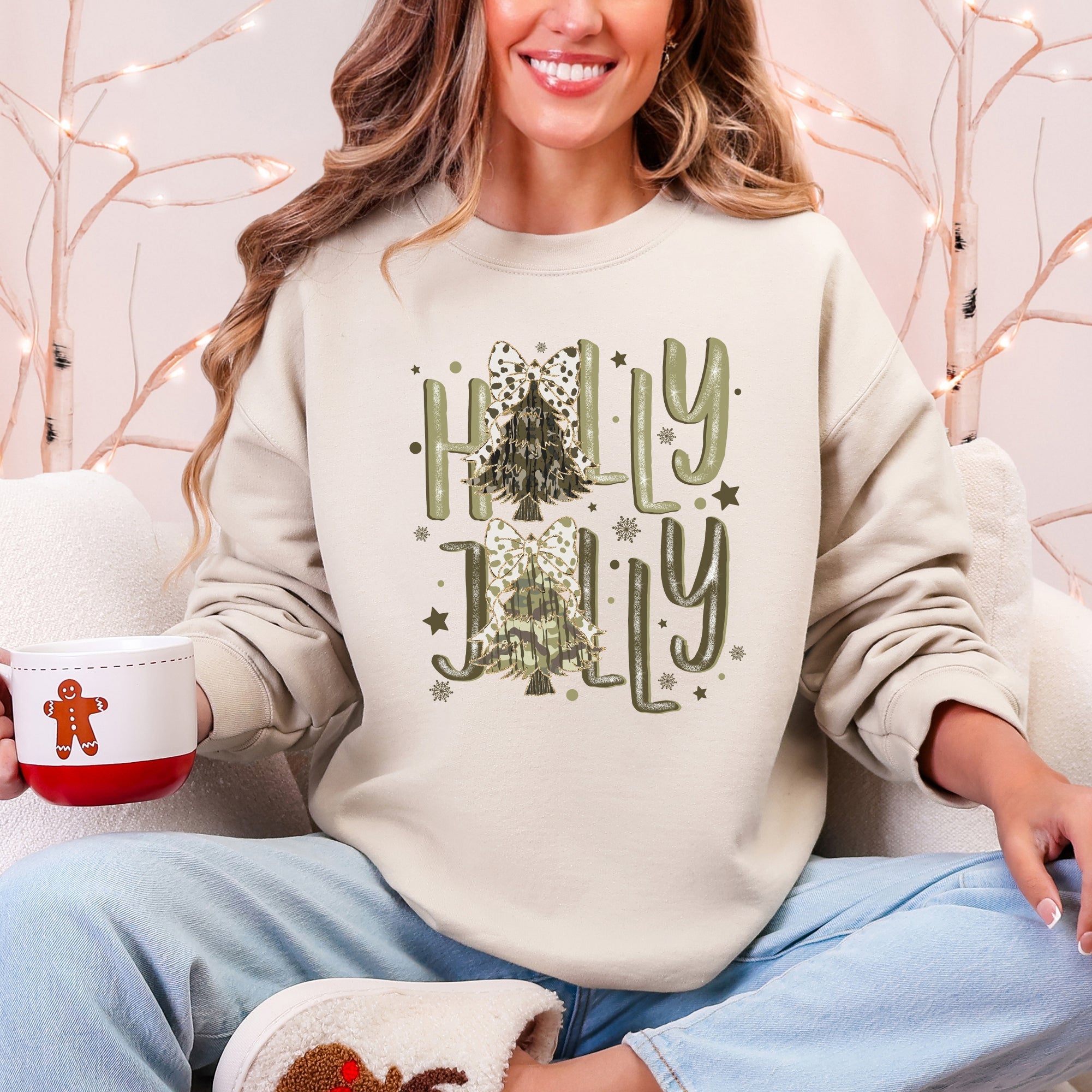 Holly Jolly Christmas Camouflage Tree Santa Dalmatian Ribbons And Bows Cozy Holiday Sweatshirt
