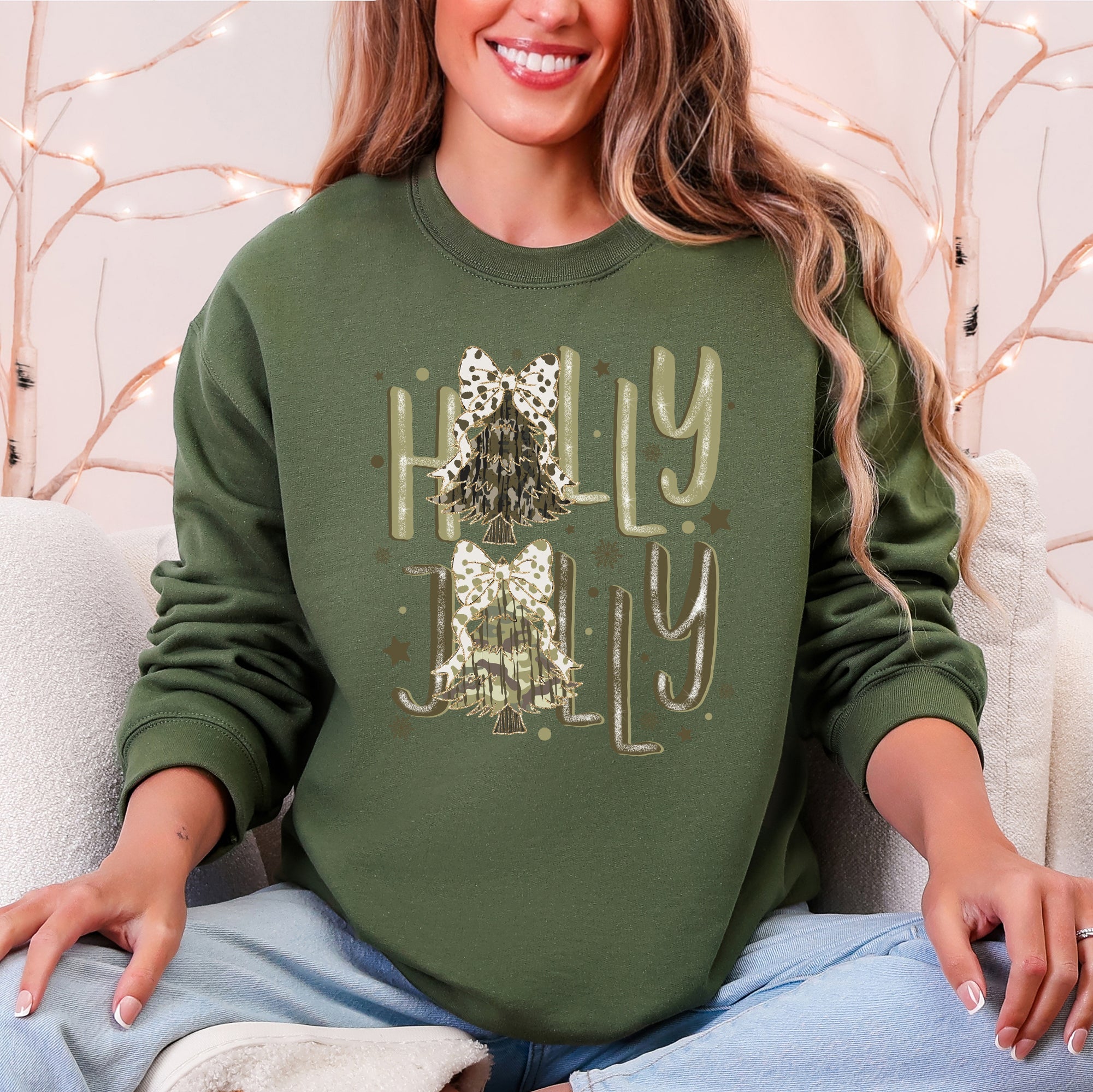 Holly Jolly Christmas Camouflage Tree Santa Dalmatian Ribbons And Bows Cozy Holiday Sweatshirt
