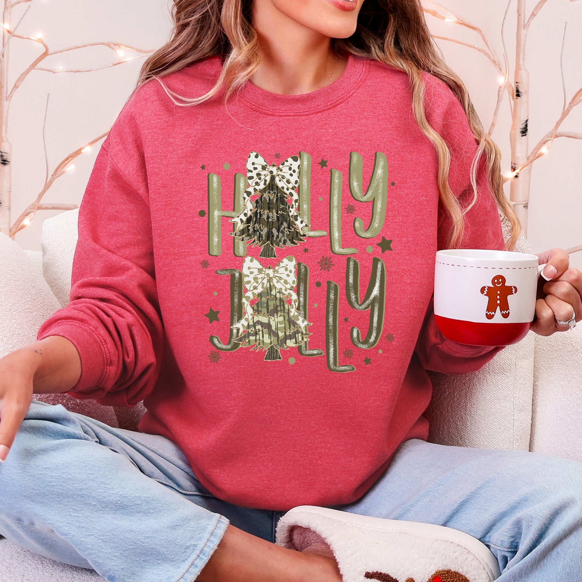 Holly Jolly Christmas Camouflage Tree Santa Dalmatian Ribbons And Bows Cozy Holiday Sweatshirt