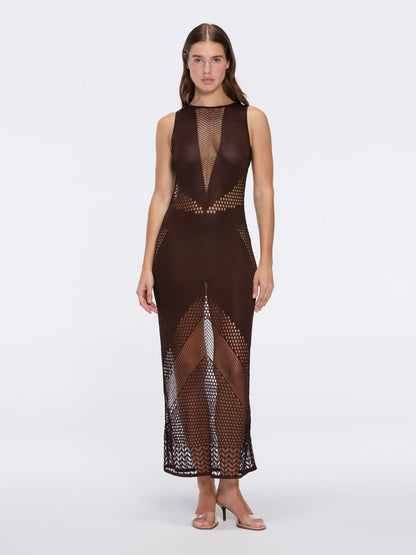 Xenia Tchoumi - Nerida Brown Mesh Knit Ankle-Length Dress with Fringe Details