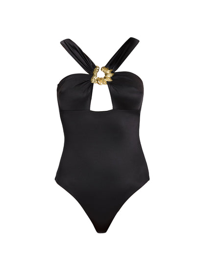Camille Co - Talia V Neck with Gold Detail Satin Black Swimsuit