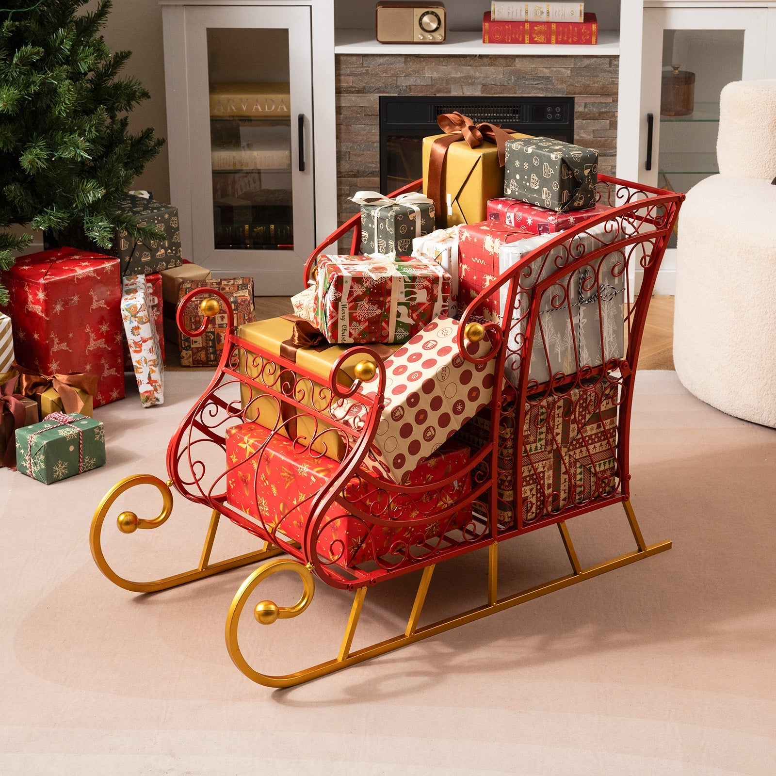 Metal Christmas Santa Sleigh Basket 2-Tier Xmas Santa's Gift Storage Sleigh