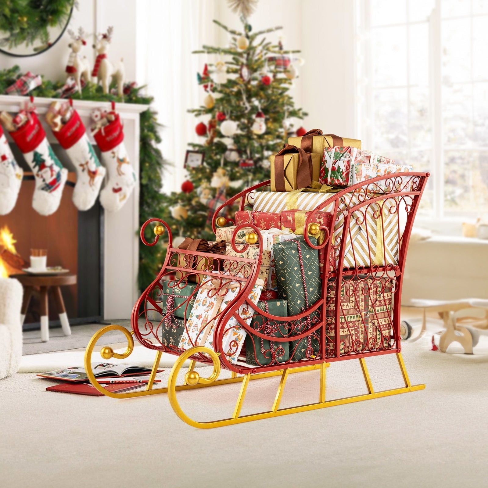 Metal Christmas Santa Sleigh Basket 2-Tier Xmas Santa's Gift Storage Sleigh