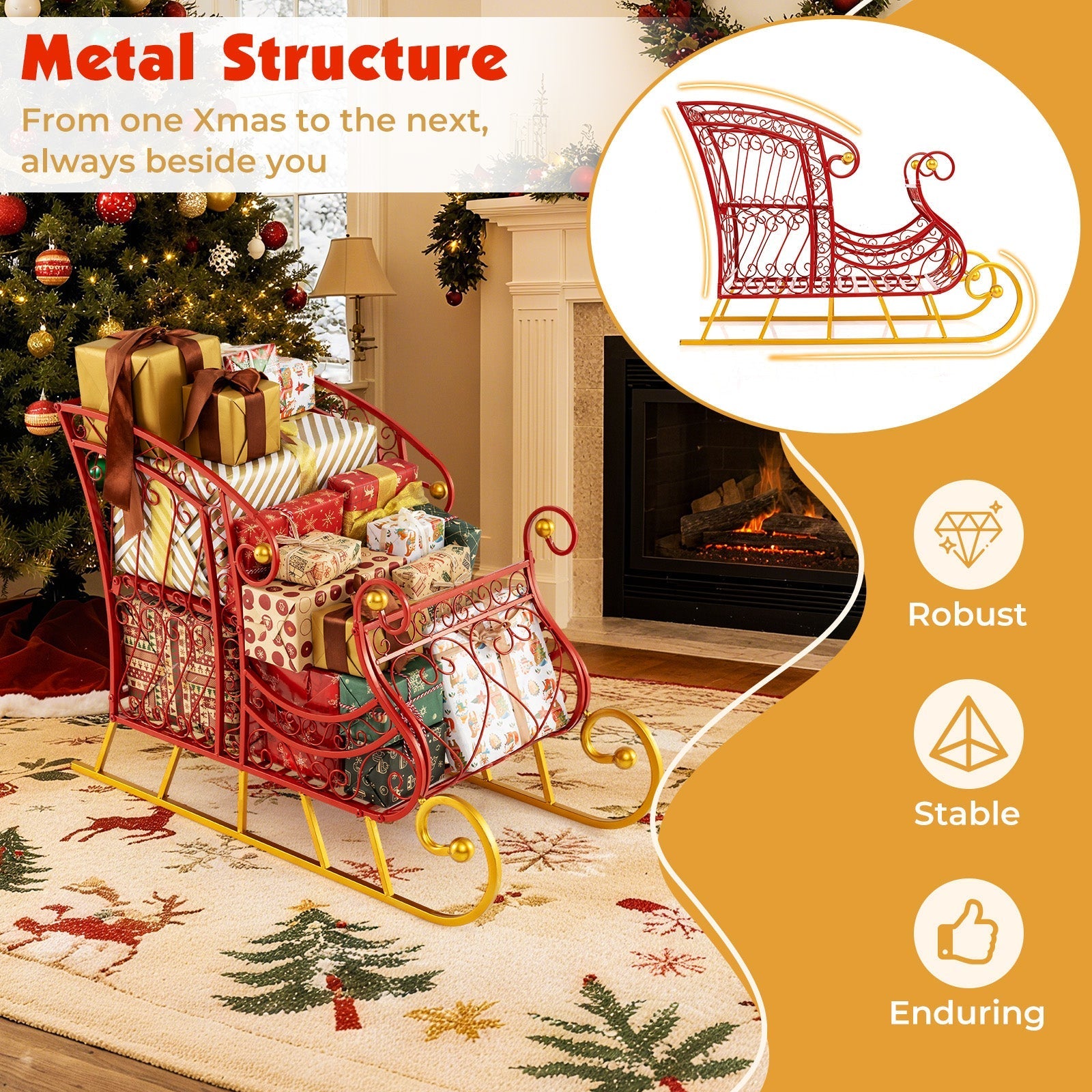 Metal Christmas Santa Sleigh Basket 2-Tier Xmas Santa's Gift Storage Sleigh