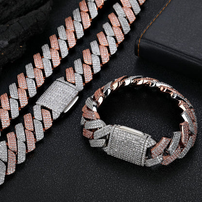 20mm Cuban Chain Necklace and Bracelet Set with Cubic Zirconia Stones