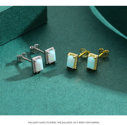 Stacking Geometric Opal Stud Earrings & Sterling Silver Ring Set in Modern Minimalist Design