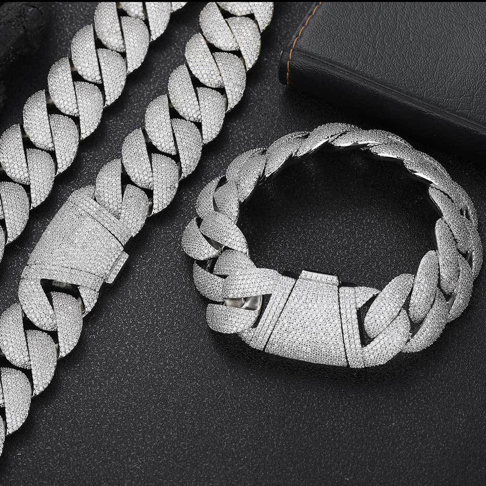 Stacking 24mm Cuban Chain Necklace and Bracelet Set with Zirconia Stones in Gold or White Gold
