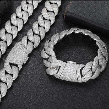 Stacking 24mm Cuban Chain Necklace and Bracelet Set with Zirconia Stones in Gold or White Gold