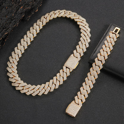 20mm Cuban Chain Necklace and Bracelet Set with Cubic Zirconia Stones