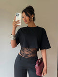 Summer Faux Two Piece Lace Slim Fit Patchwork Hollow Out Cutout Sexy Short Sleeve Women T Shirt Tops