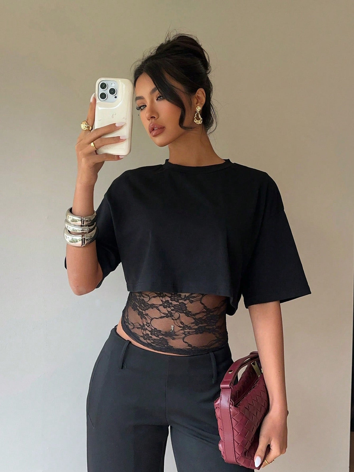 Summer Faux Two Piece Lace Slim Fit Patchwork Hollow Out Cutout Sexy Short Sleeve Women T Shirt Tops