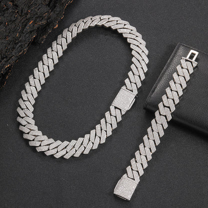 20mm Cuban Chain Necklace and Bracelet Set with Cubic Zirconia Stones