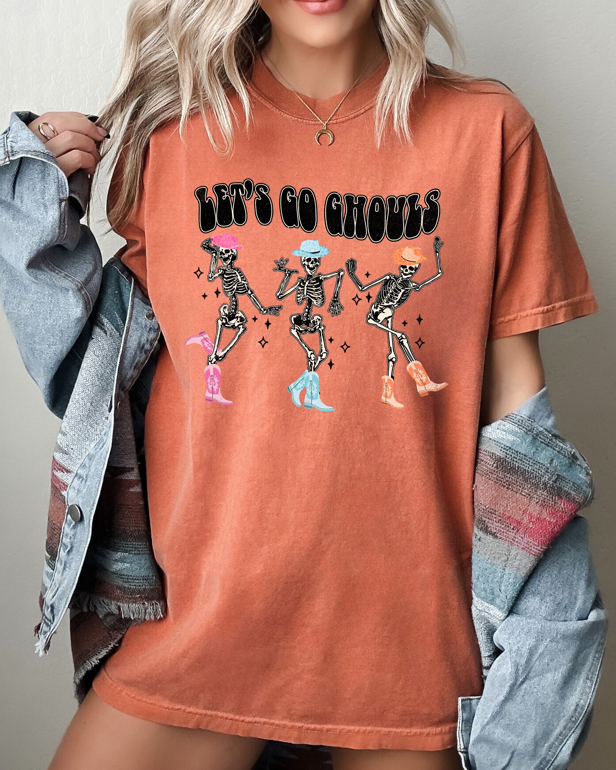 Let's Go Ghouls Ghost Western Skeleton Witch Skull Funny Spooky Halloween Costume Meme Comfort Colors Tee