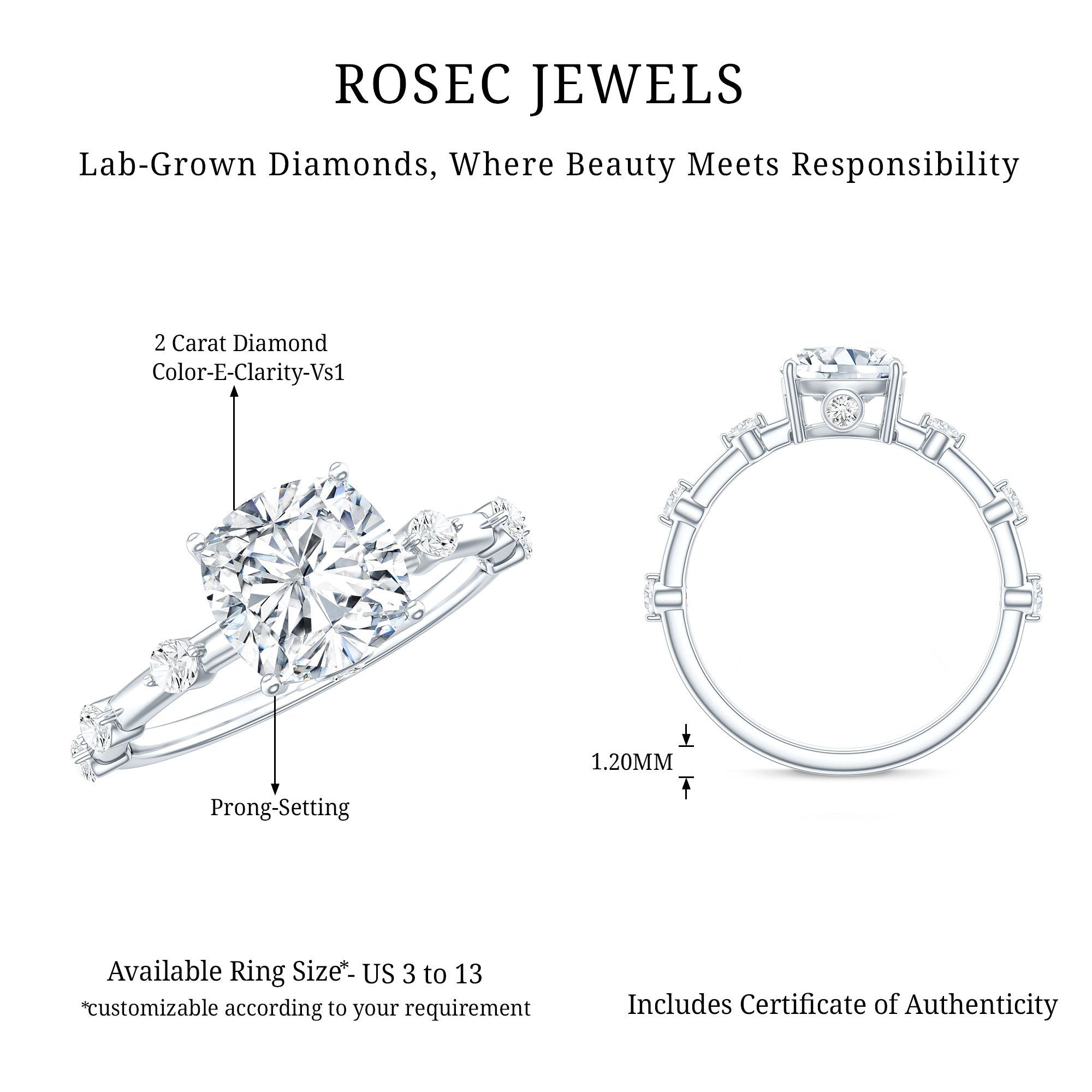 Cushion Cut 2 Carat Lab Grown Diamond Solitaire Engagement Ring with IGI Certificate