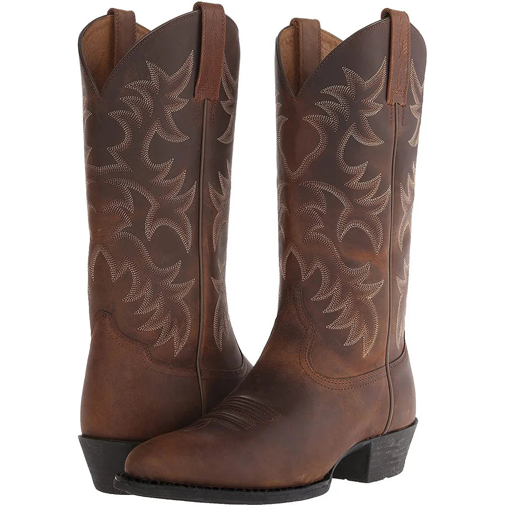 Handmade Cowboy Boots Embroidery Western Boots Pointed-toe Mid-calf Riding Boots