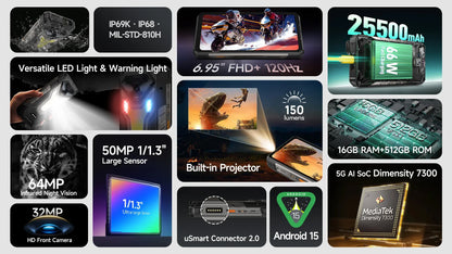 Ulefone Armor 34 Pro 5G AI Rugged Phone 25500mAh Up to 32GB+512GB Built-in Projector 120Hz 6.95" NFC Smartphone