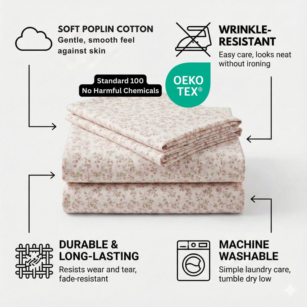 DaDa Bedding Collection Romantic Coquette Sheet Set - 100% Cotton [ Poplin Cotton ] Floral Fitted & Flat Sheets with Pillowcases - Deep Pocket Design - Soft, Breathable, Wrinkle-Resistant