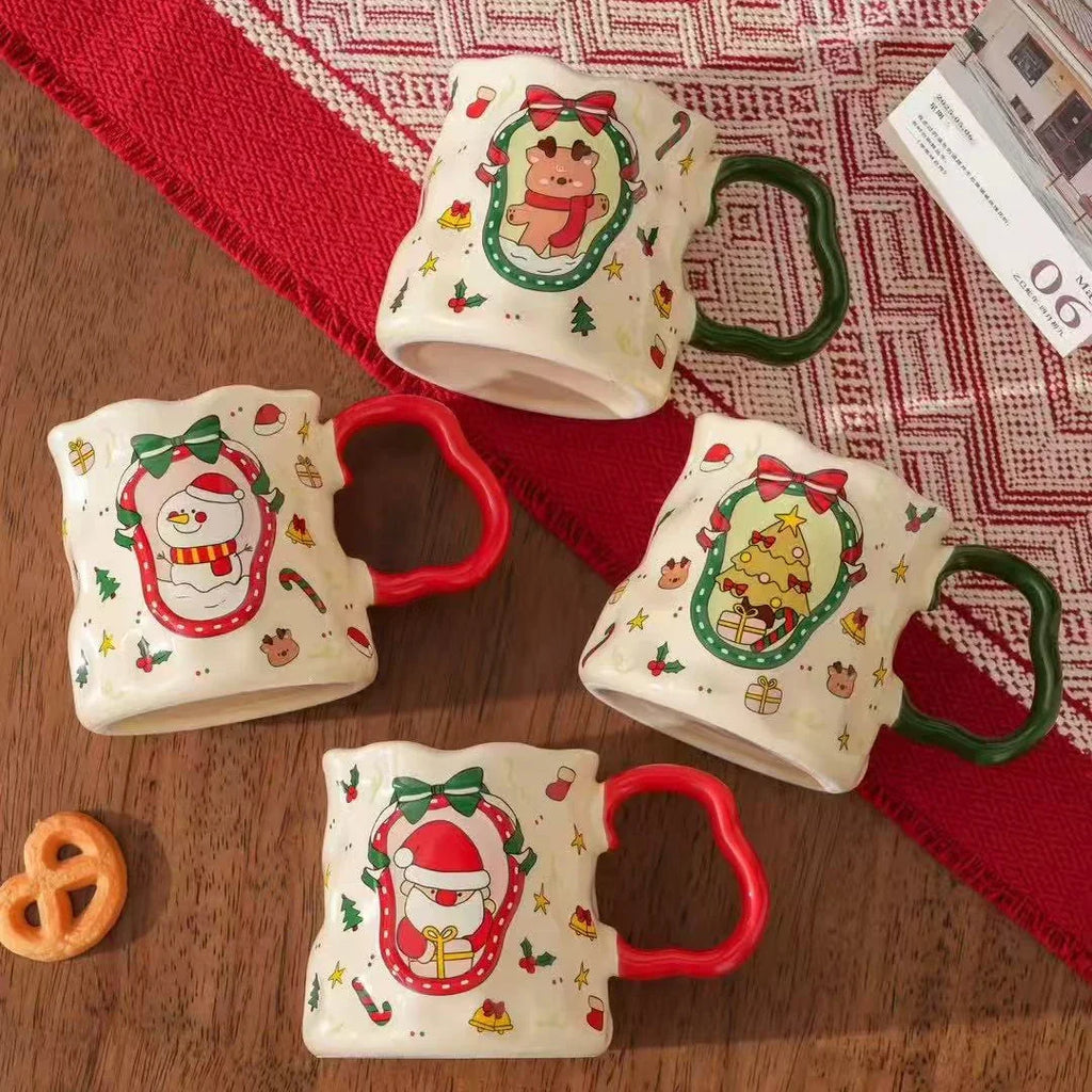 Christmas Ceramic Cup Set, 380ML Festive Mugs with Snowman/Santa/Tree Patterns, Cute Design, Ideal Xmas Gift & Drinkware, 4 Styl