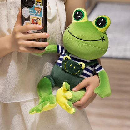 Kawaii Big Eye Frog Plush Toy – Soft Stuffed Cartoon Frog with Striped Overalls (30–50cm)