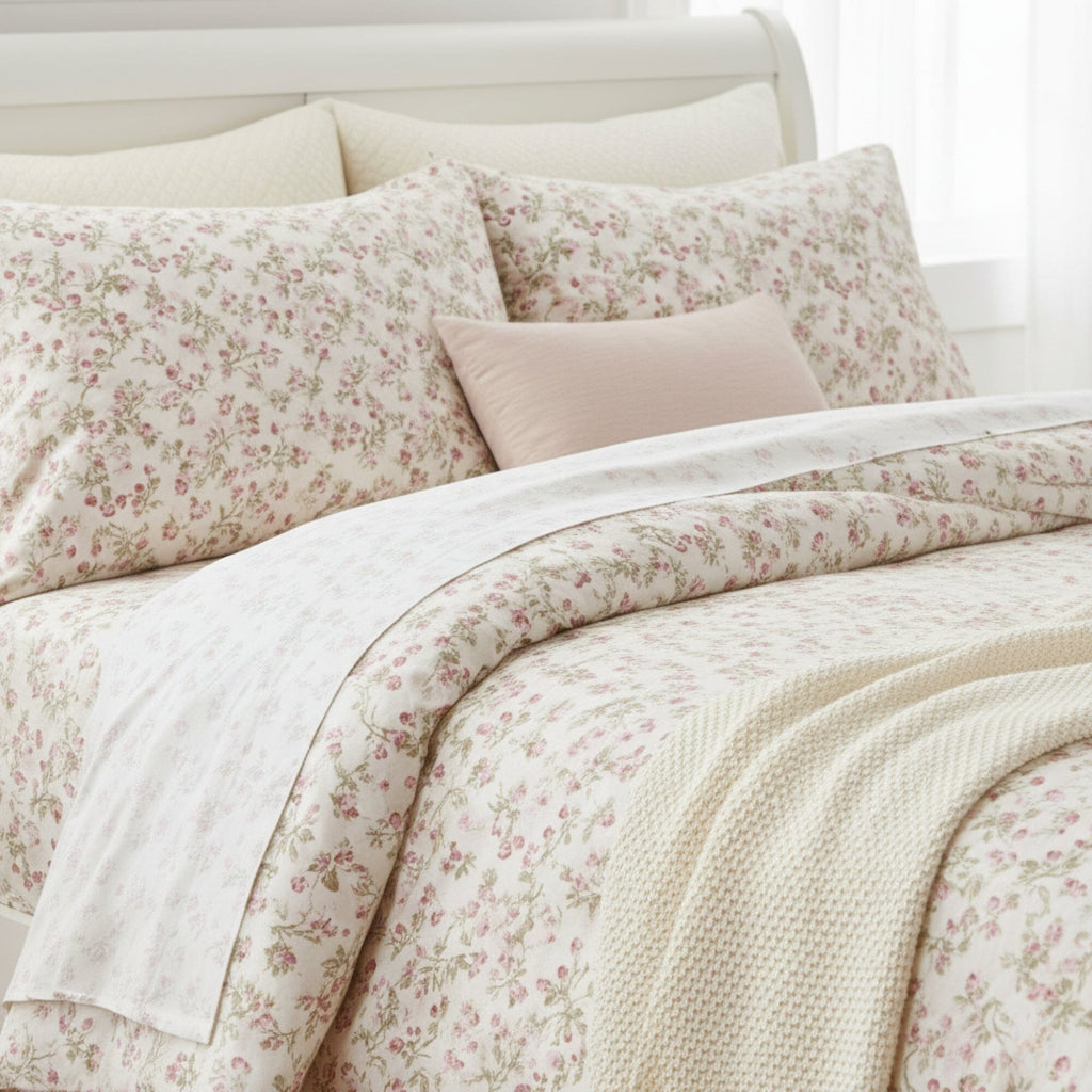 DaDa Bedding Collection Romantic Coquette Sheet Set - 100% Cotton [ Poplin Cotton ] Floral Fitted & Flat Sheets with Pillowcases - Deep Pocket Design - Soft, Breathable, Wrinkle-Resistant