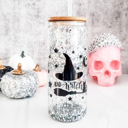 Witches Brew Halloween Snowglobe Glitter Iced Coffee Cup