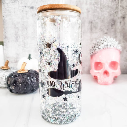 Witches Brew Halloween Snowglobe Glitter Iced Coffee Cup