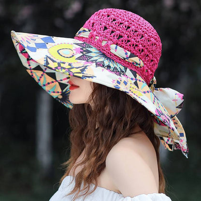Women's Patterned Straw Beach Sun Hat – Round Crown UV Protection Summer Hat