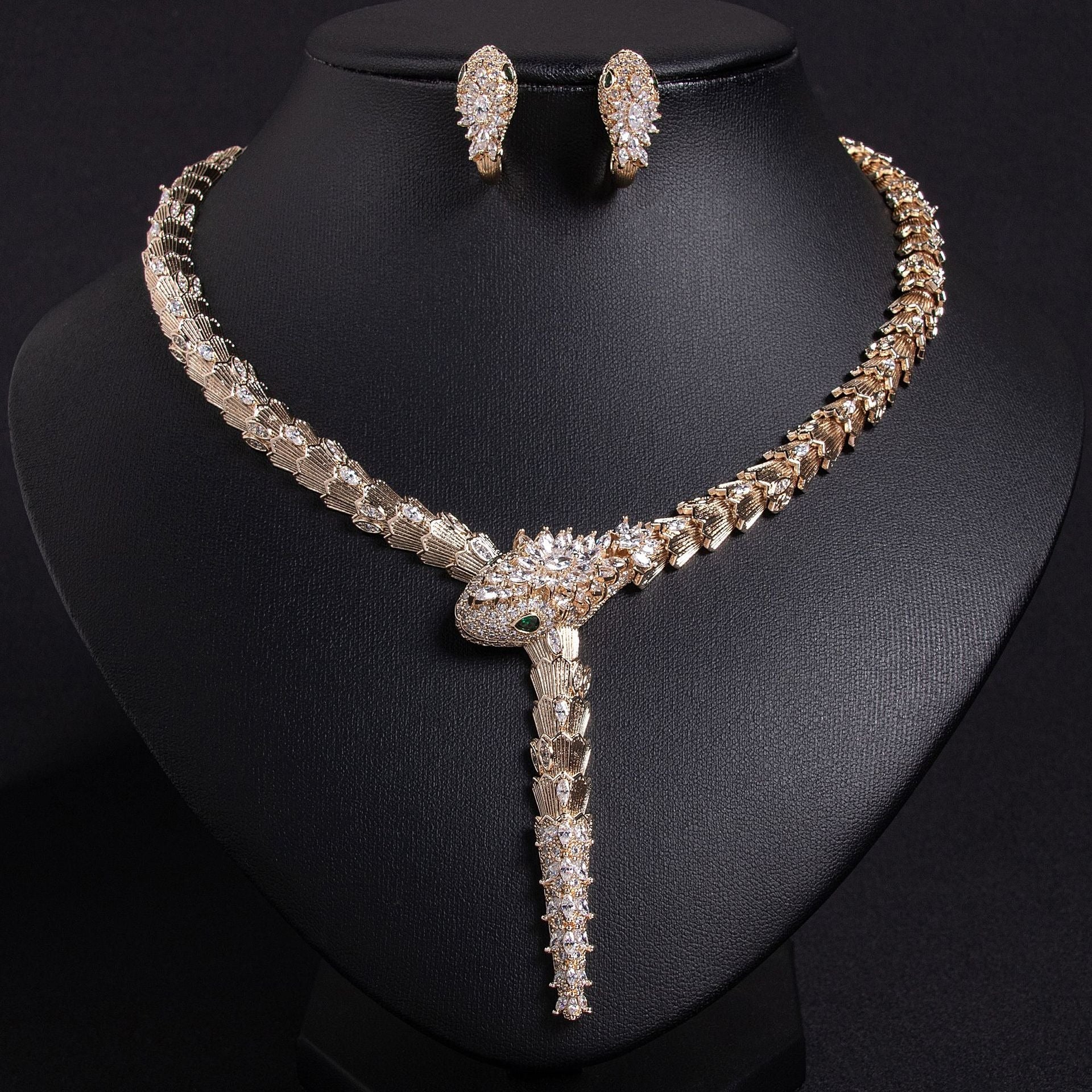 S925 Silver and Zircon Snake-Design Necklace and Earrings Jewelry Set
