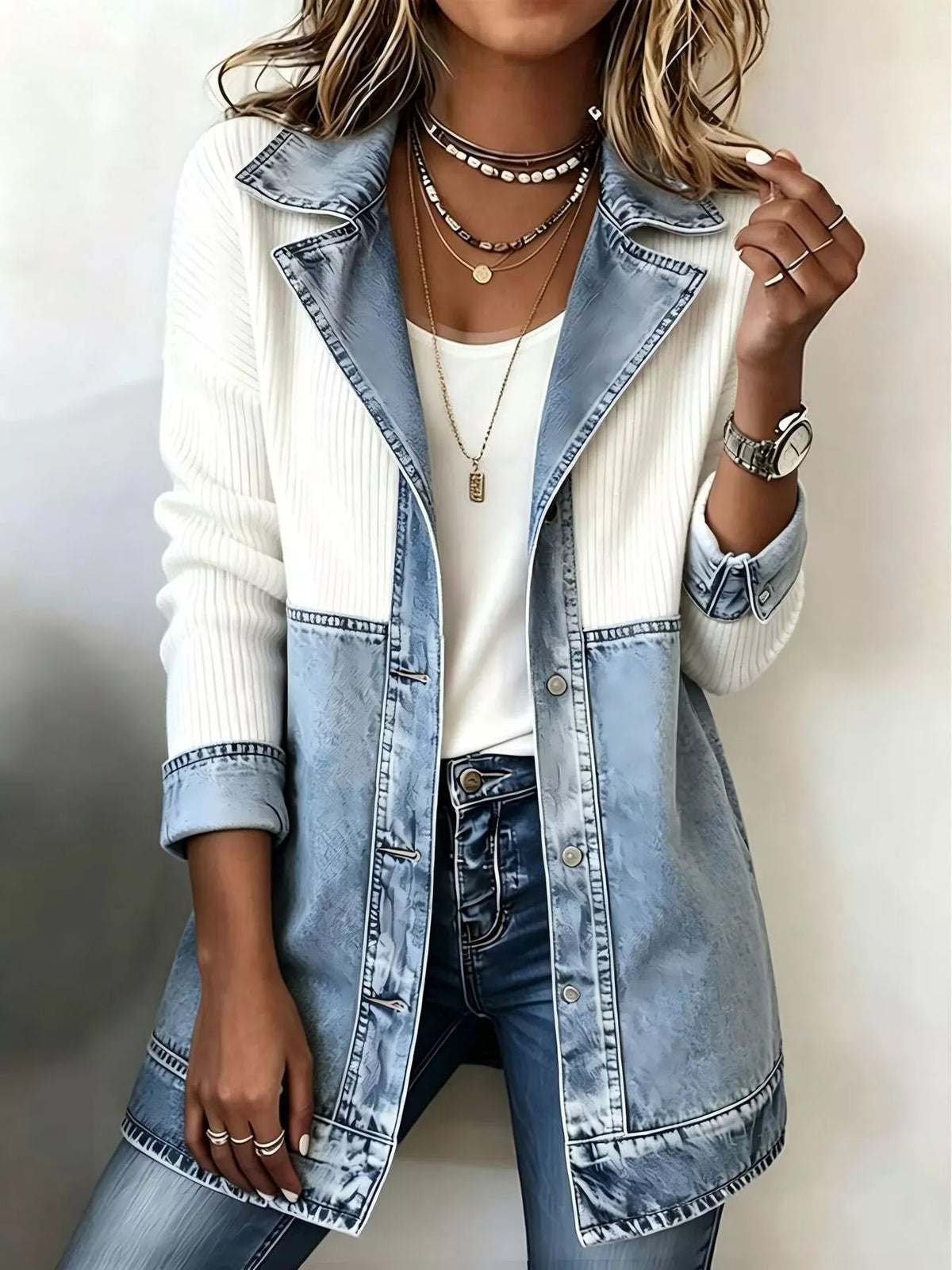Block Denim and Knit Patchwork Casual Jacket